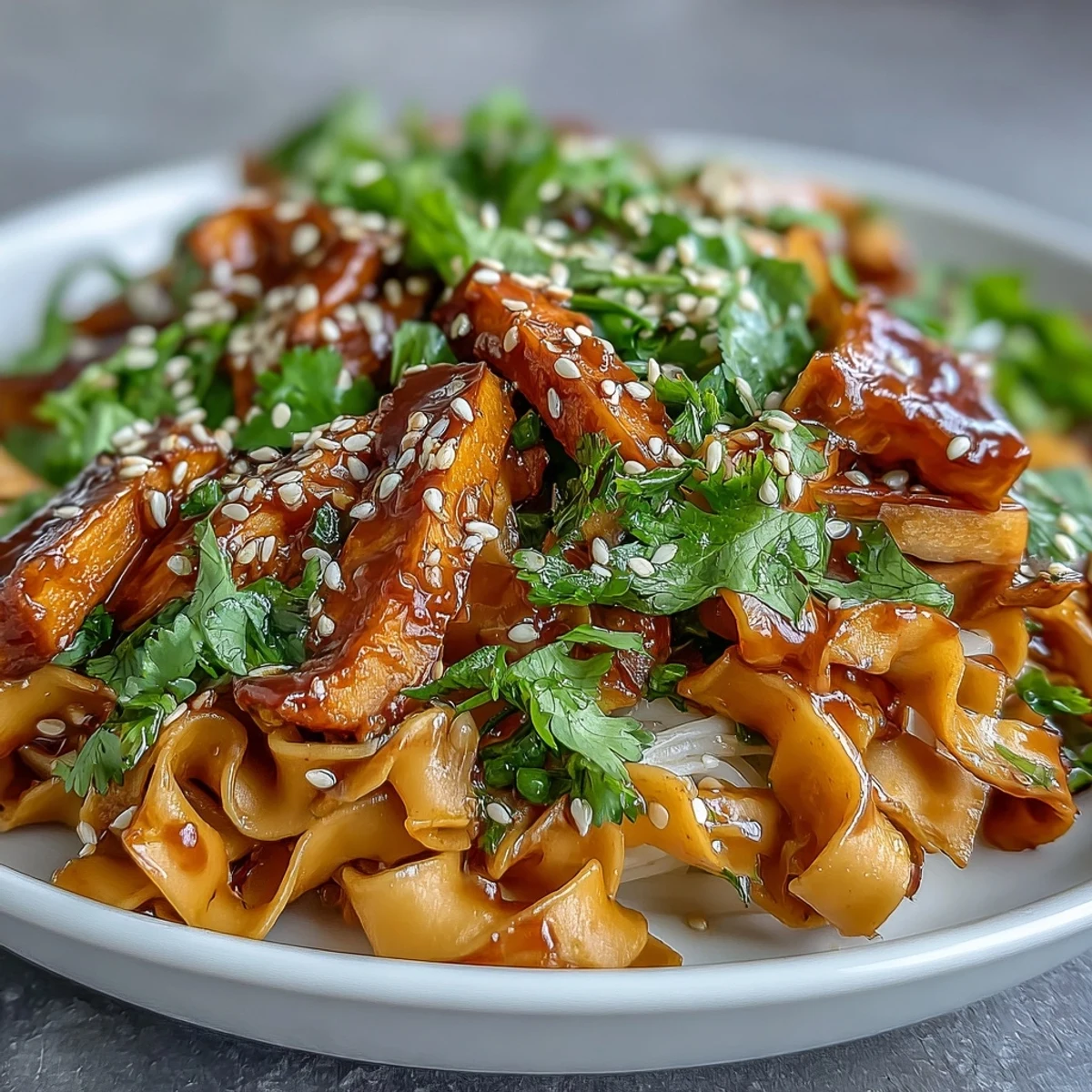 Goldene Swede-Bänder auf Reisnudeln mit würziger Gochujang-Dressing-Begleitung garniert.