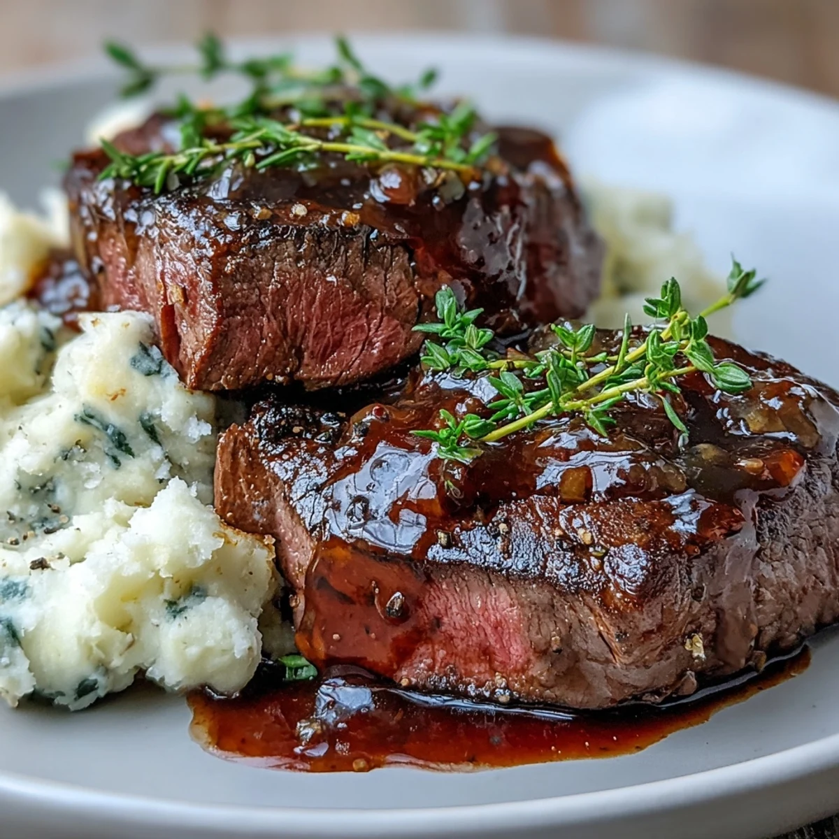 Sliced Venison Steaks with Caraway Crushed Swede reveal pink centers beside buttery, rustic mash flecked with seeds.