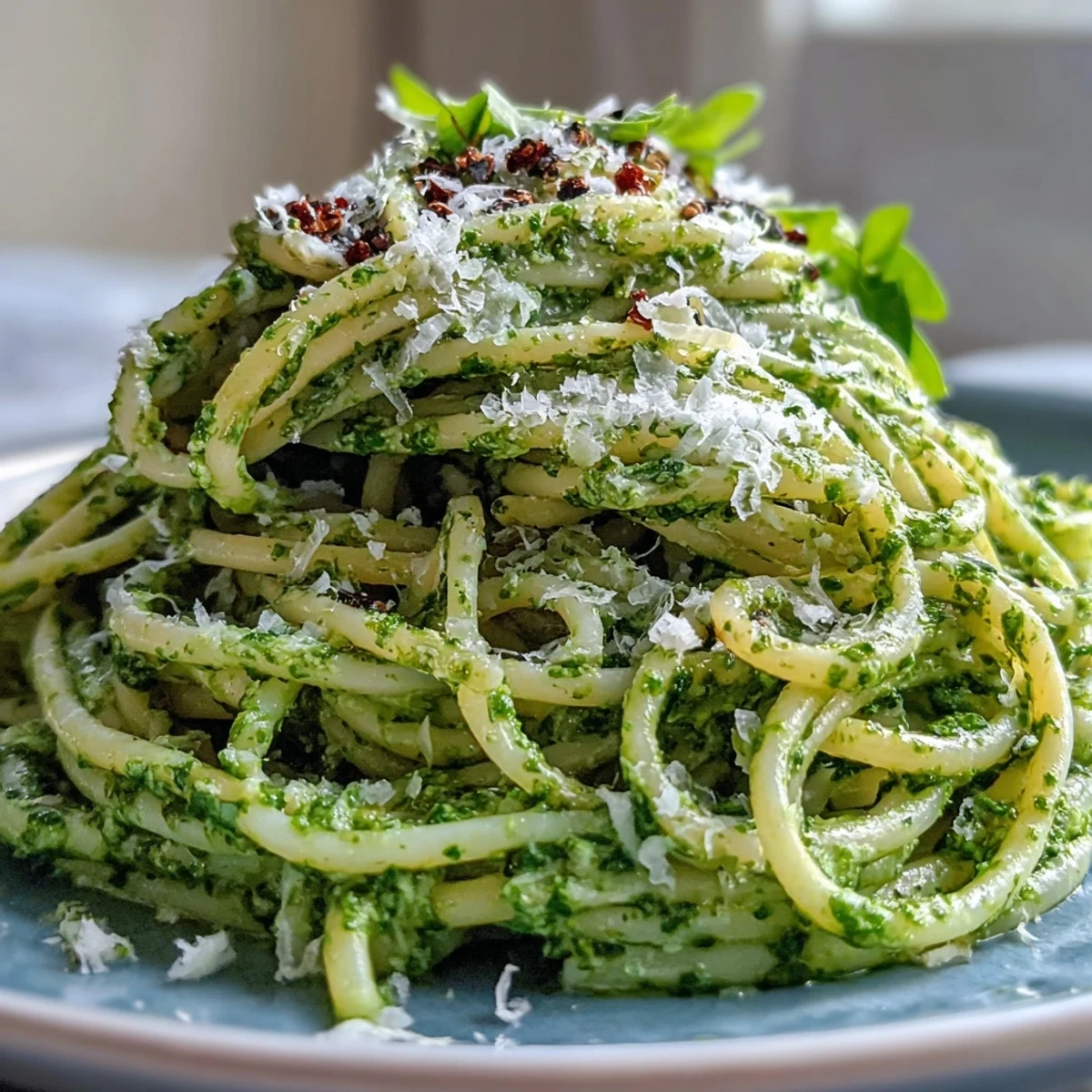 Linguine with Arugula Pesto auf einem Teller mit frischem Basilikum garniert, cremig und grün.