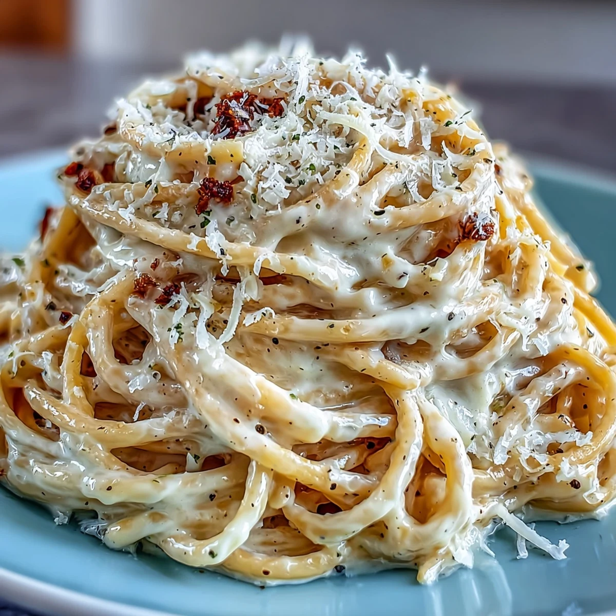 Eine dampfende Portion Cacio e Pepe, serviert auf einem weißen Teller mit extra Pecorino Romano und frisch gemahlenem schwarzen Pfeffer.