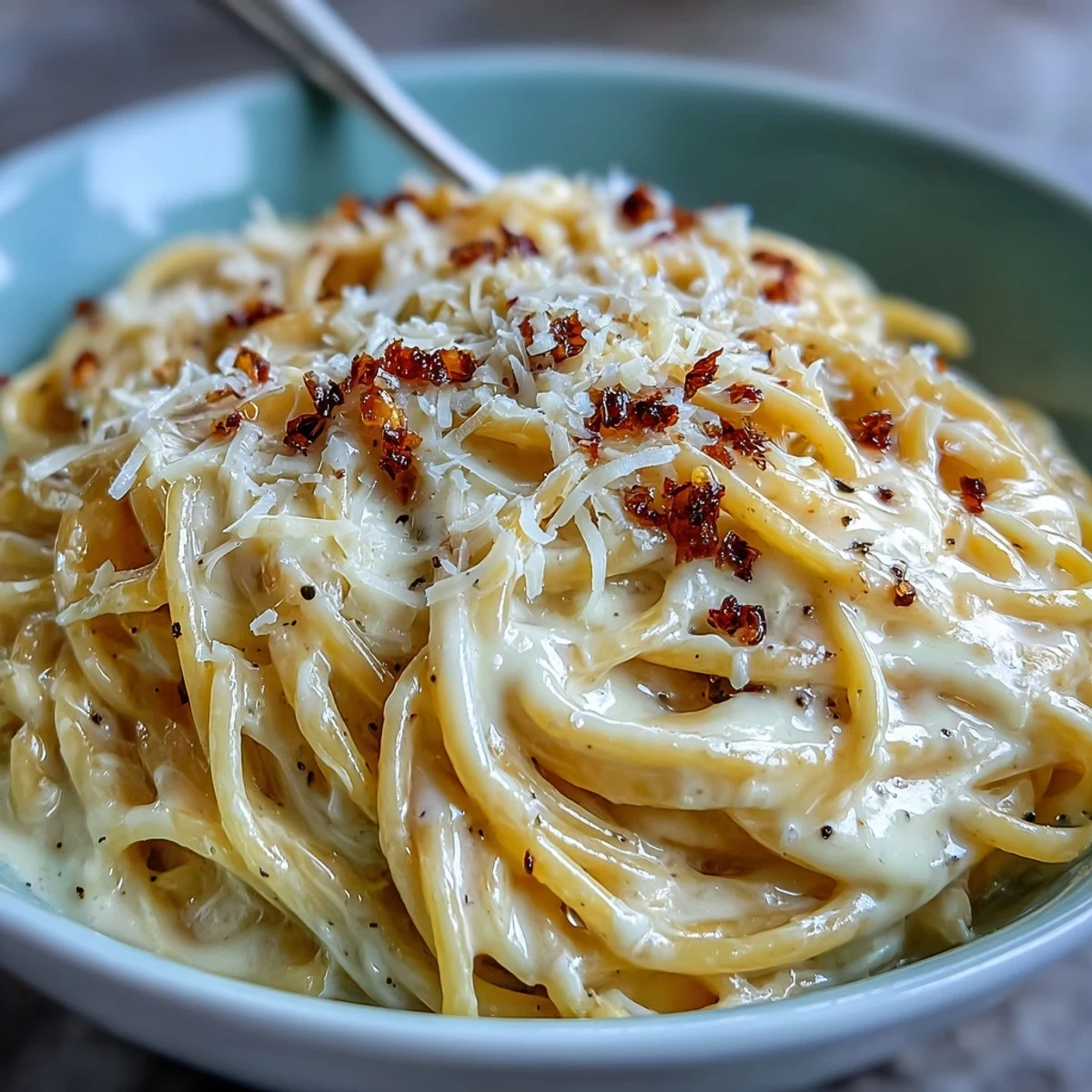 Italienische Cacio e Pepe Gericht mit cremiger Käsesauce und grob gemahlenem Pfeffer, angerichtet auf rustikalem Holz.