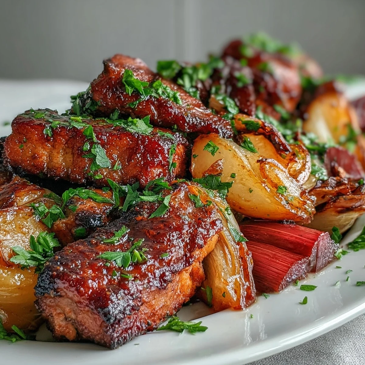 Oven-roasted Pork and Aromatic Rhubarb Traybake with tender meat and caramelized fruit slices on a rustic platter.