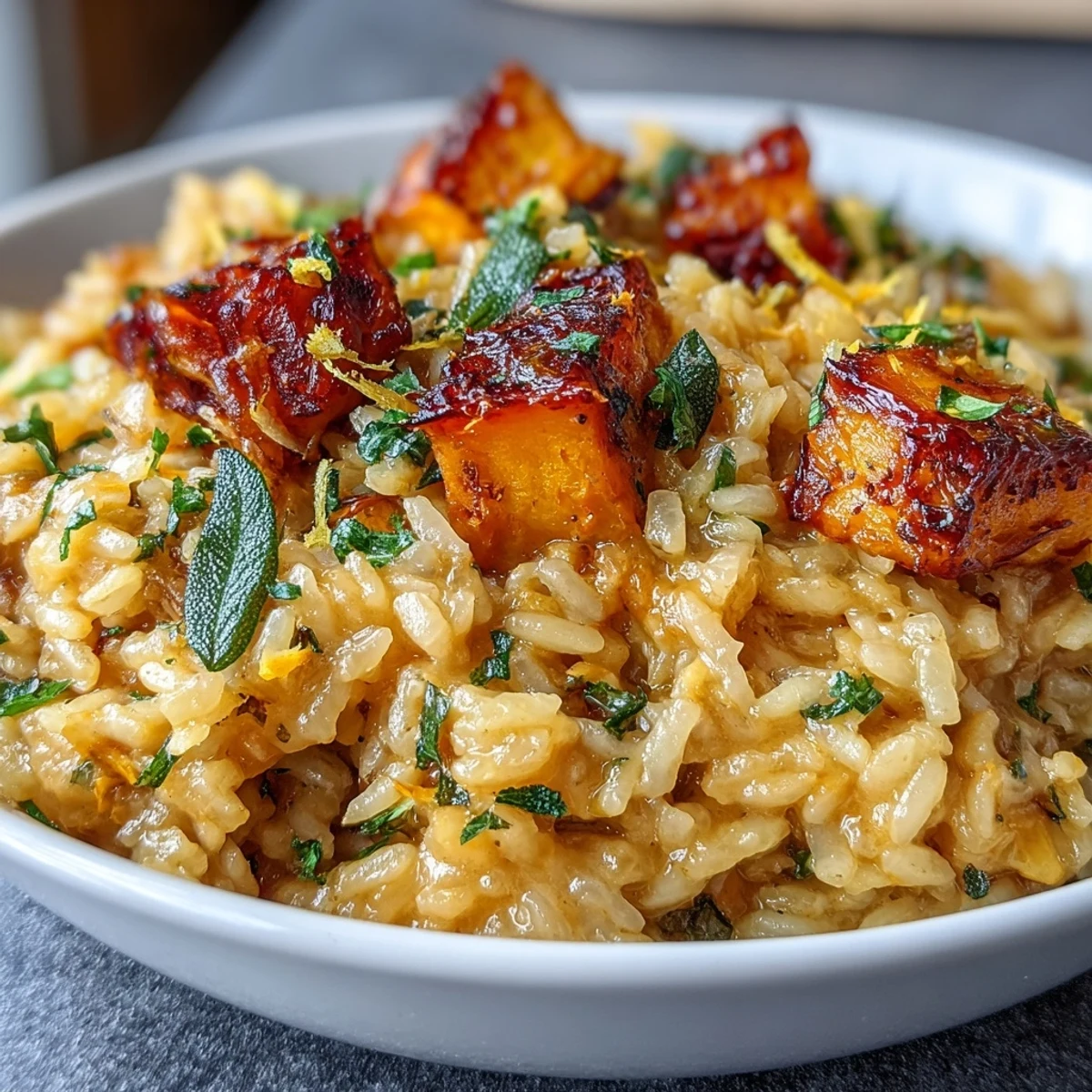 Vegan Pumpkin Risotto with arborio rice and aromatic crispy sage, served with a glass of white wine for autumn.