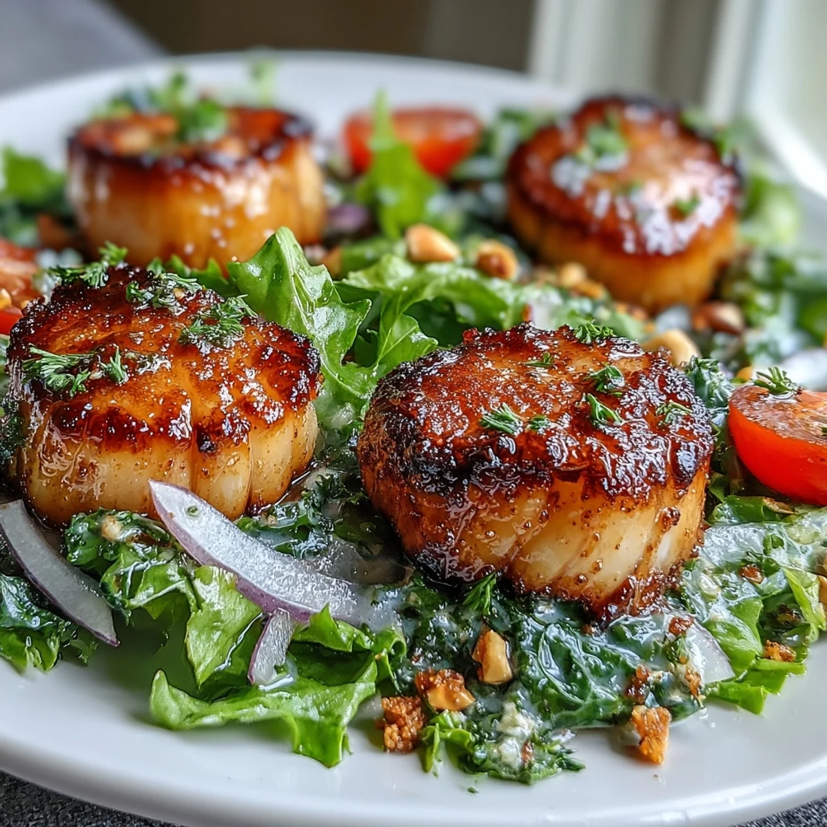 Frisch geschmorter Seared Scallops mit leuchtend grüner Escarole und cremiger Pesto-Vinaigrette auf einem Teller.