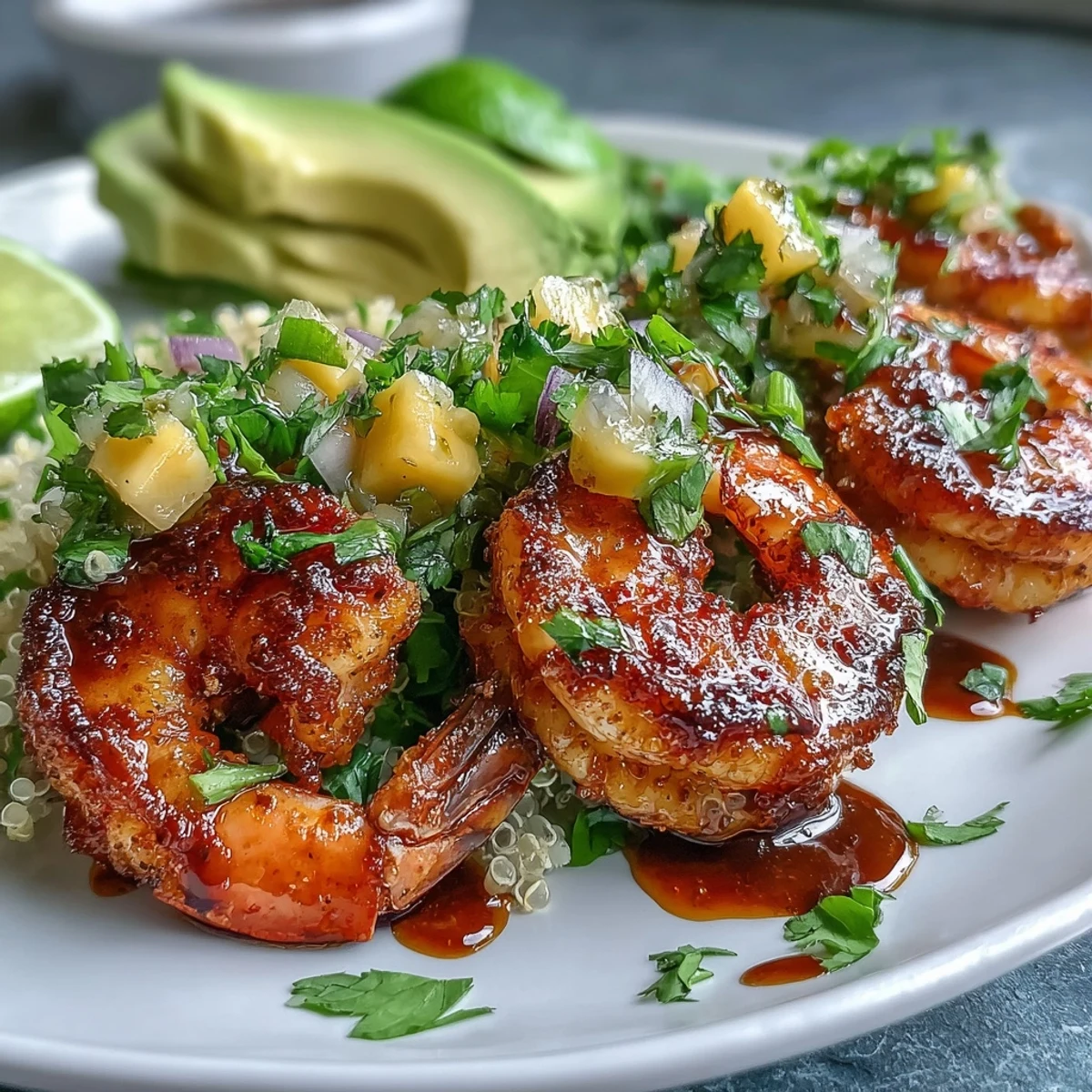 Frische Shrimp in der Schüssel mit cremiger Avocado und einer mango-scharfen Limetten-Chili-Soße für ein buntes, rauchiges Abendessen.
