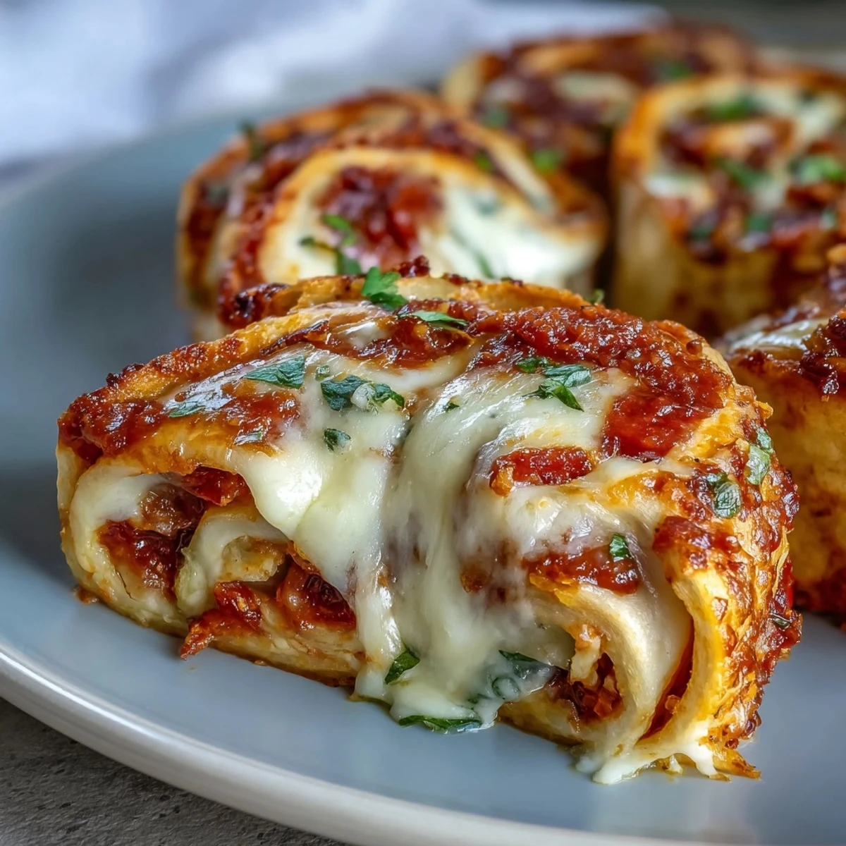 Golden-baked Tortilla Pizza Rolls with melted mozzarella, zesty tomato sauce, and pepperoni, ready to slice and serve.
