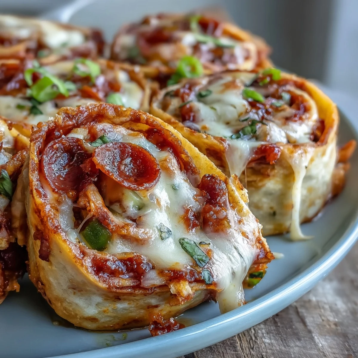 A plate of golden Tortilla Pizza Rolls cut into bites, revealing a gooey cheese pull and pepperoni filling.
