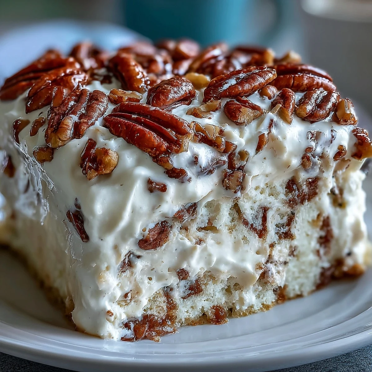 Frisch aufgetauchte Butter Pecan Tres Leches Cake mit cremiger Sahne und karamellisierten Nüssen.