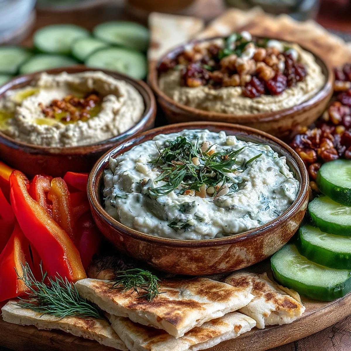 Helle Schalen mit Hummus, Baba Ganoush und Tzatziki auf einem Holzbrett, flankiert von Oliven, Feta und bunten Gemüsesticks.