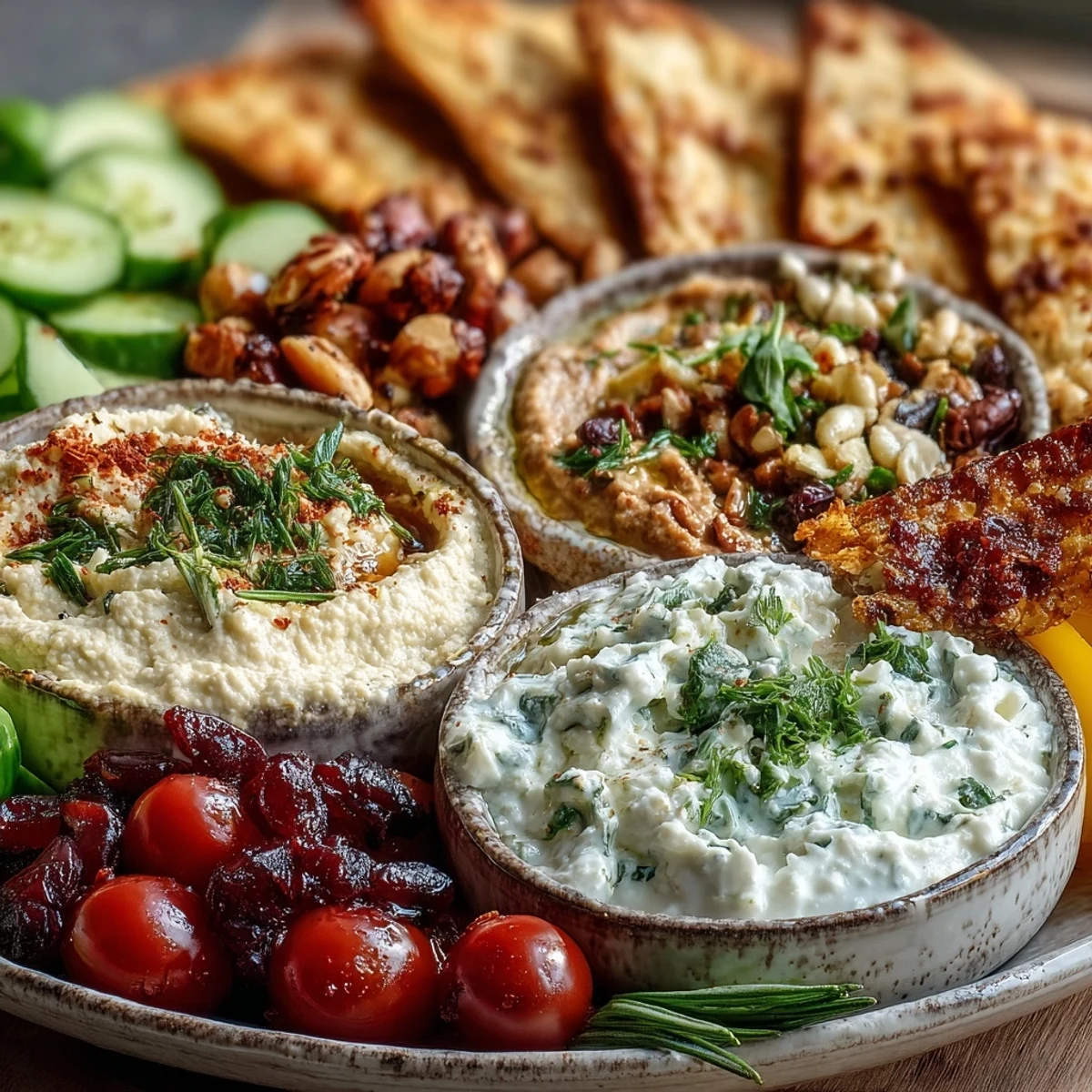 Mediterranean Brunch Board mit cremigem Hummus, Baba Ganoush und Tzatziki, umrandet von frischem Gemüse und knusprigem Fladenbrot.