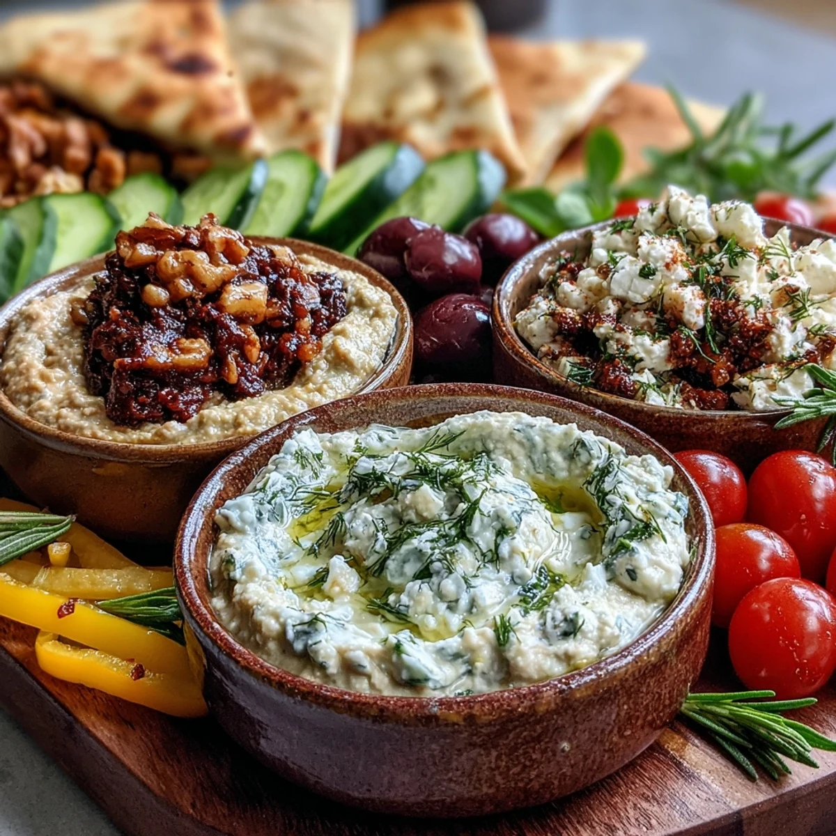 Mediterrane Brunch-Platte mit cremigen Dips, knusprigem Fladenbrot, Oliven und Feta, garniert mit frischen Kräutern und Olivenöl.