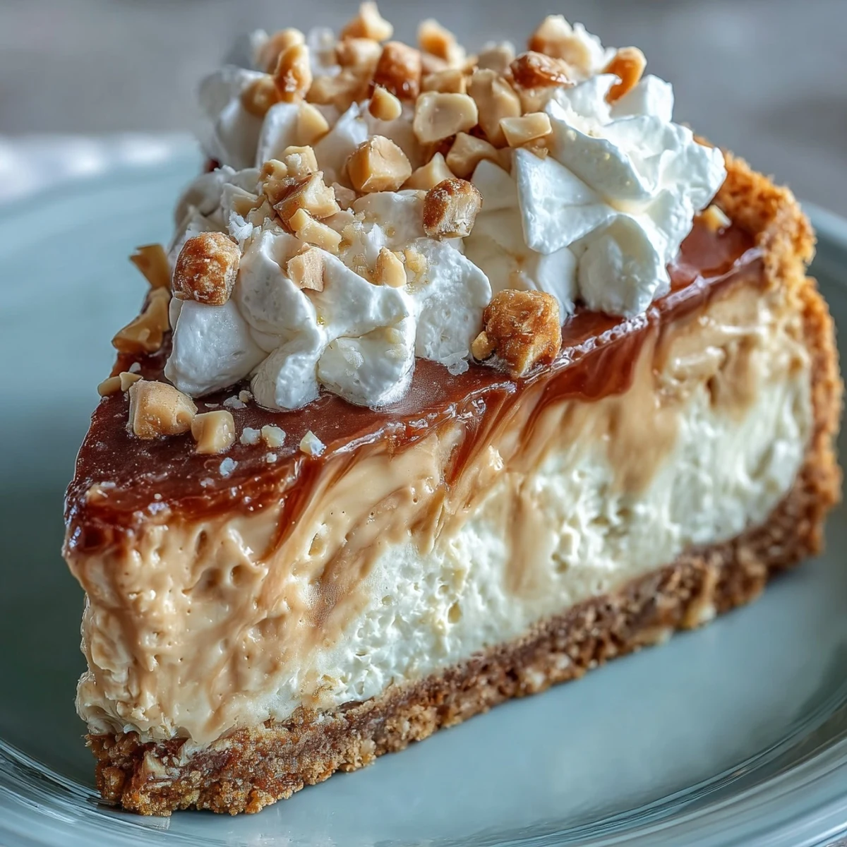 Ein riesiges Stück Nutter Butter Cheesecake mit Sahnehauben und Erdnussbröseln, serviert auf einer rustikalen Holzplatte für American-Style-Dessert-Liebhaber.