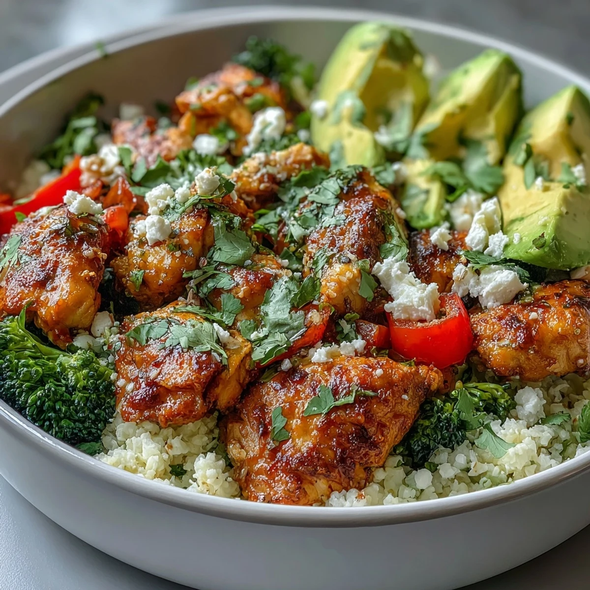 Cauliflower Rice Bowl mit knusprigem Hähnchen, buntem Gemüse und cremigem Avocado-Slice.