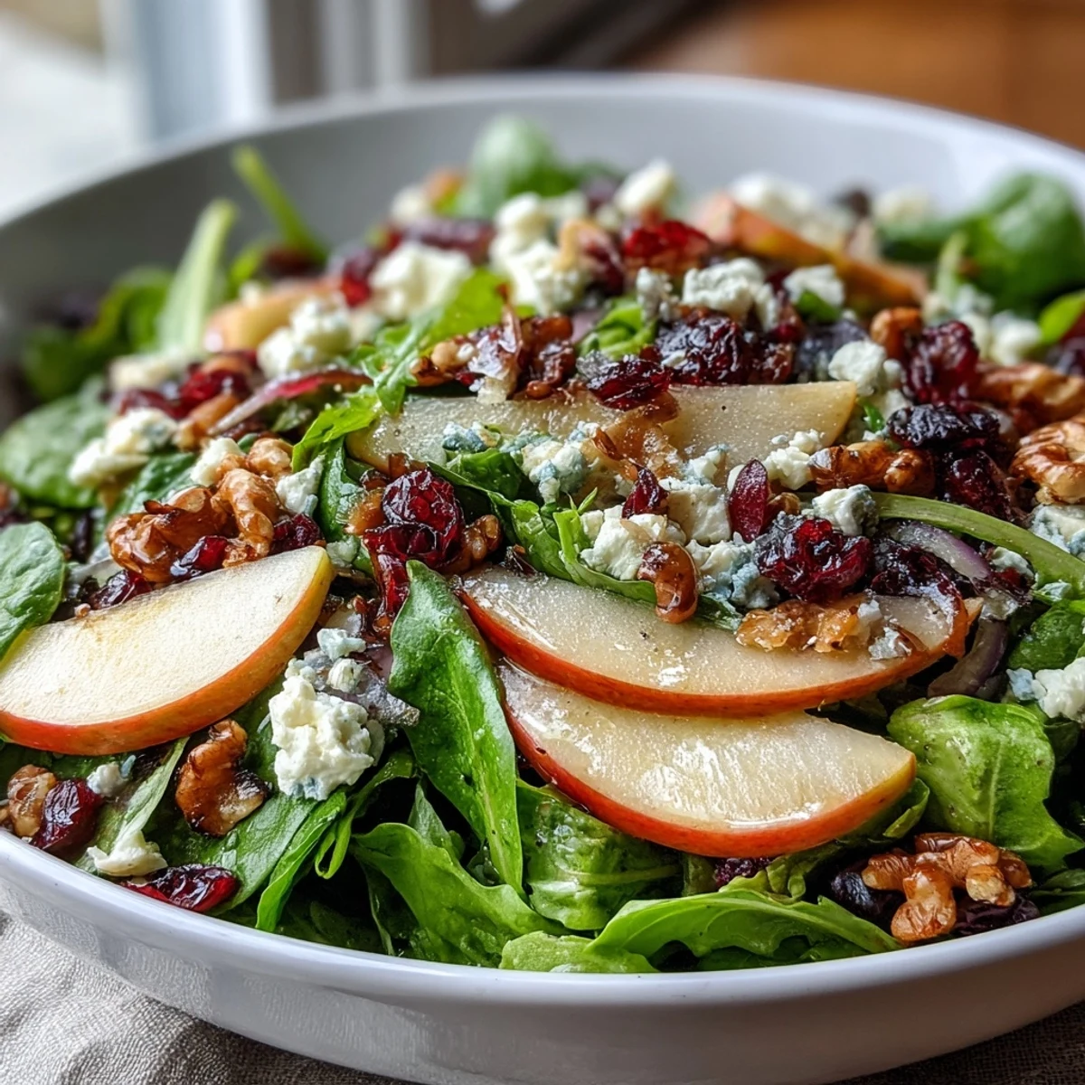 Crisp apples and creamy goat cheese add flavor and texture to a Mixed Greens and Apple Bowl.