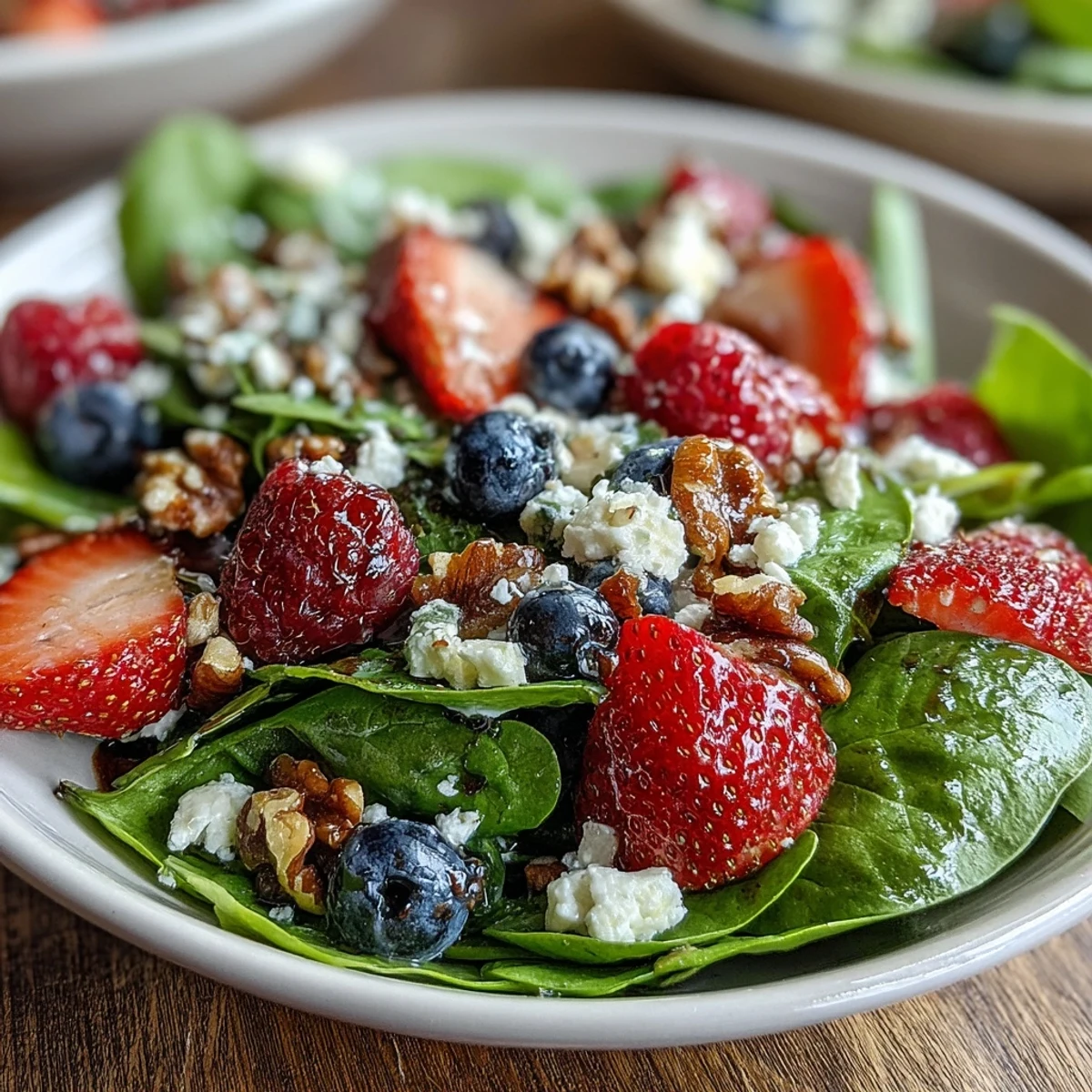 Der Spinat-Beeren-Salat mit saftigen Beeren und Honig-Senf-Vinaigrette glänzt im Sonnenlicht.