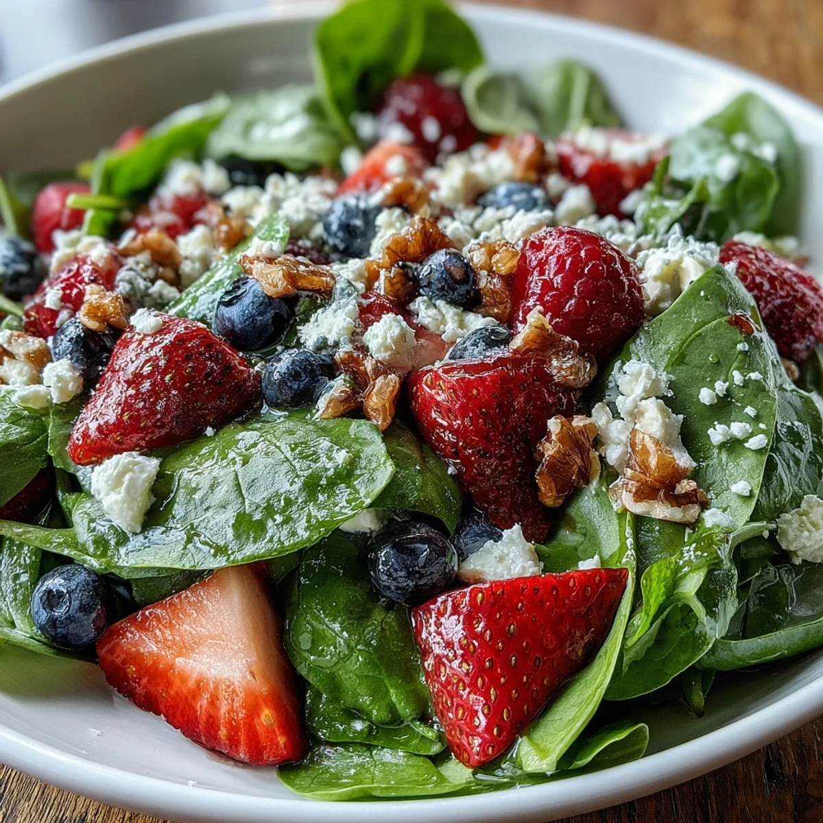 Genieße den Spinat-Beeren-Salat als leichte Mahlzeit mit cremigem Käse und knackigen Nüssen.