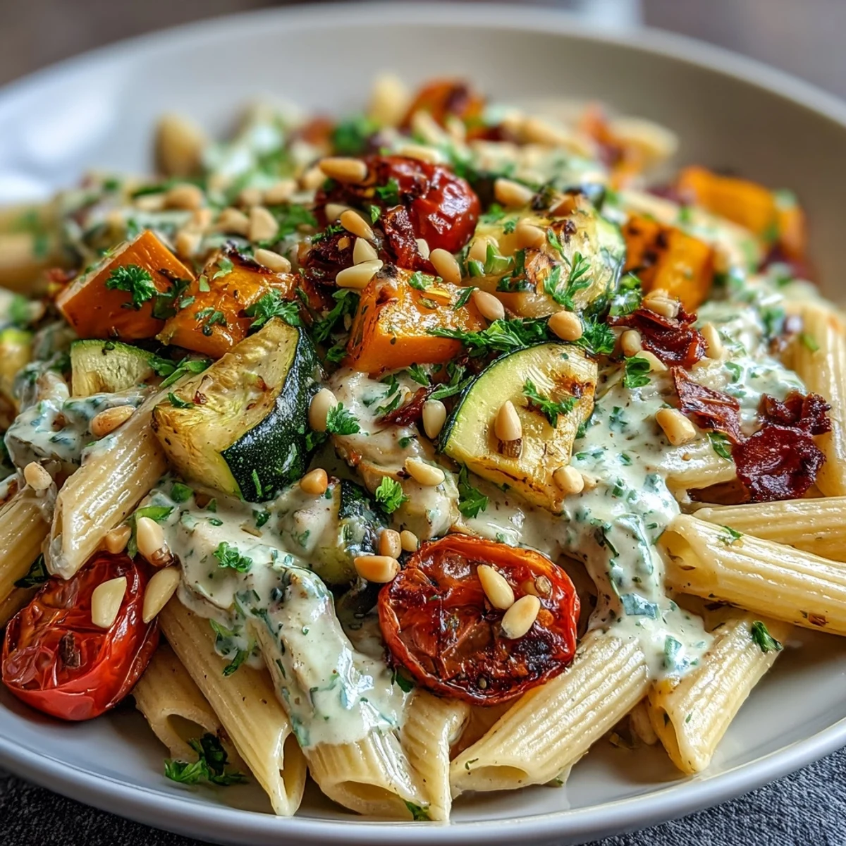 Ein nahrhaftes Whole Wheat Pasta Bowl mit gerösteten Gemüsestücken und cremiger Protein-Sauce garniert mit Pinienkernen und Petersilie.
