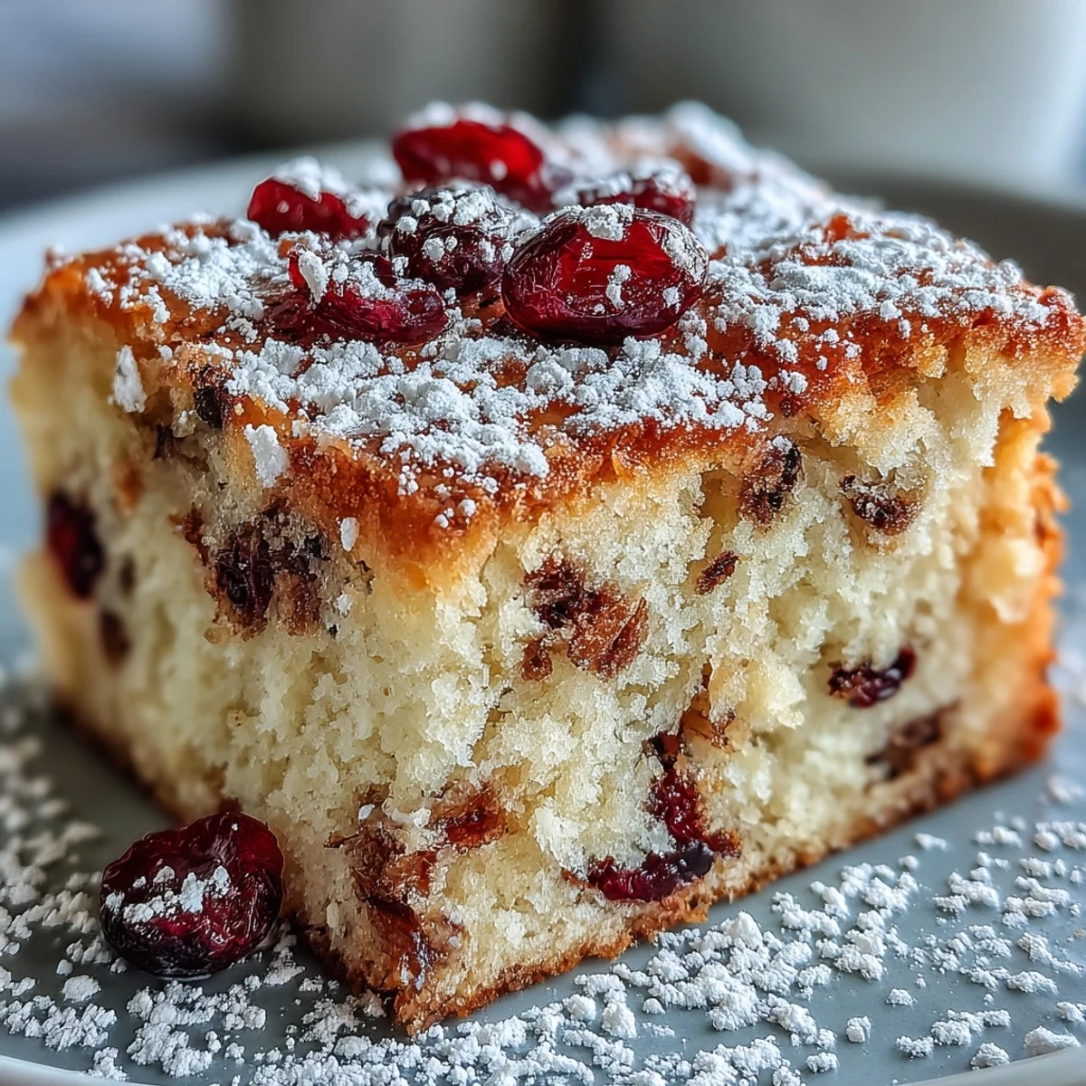 Cranberry Orange Breakfast Cake mit zartem Krümchen, auf weißem Teller mit Orangenzesten bestreut und leichtem Puderzucker.