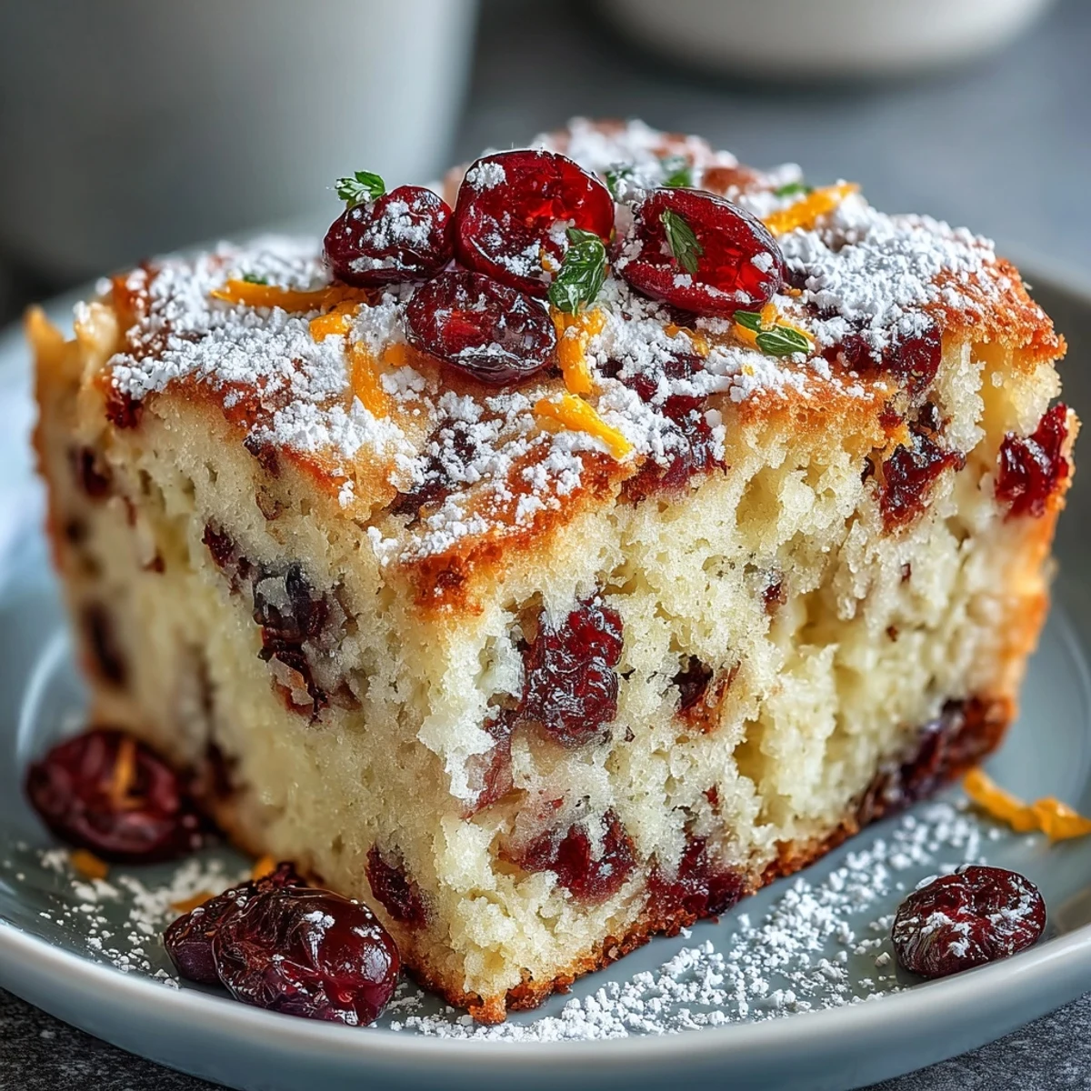 Fein aufgeschnittenes Cranberry Orange Breakfast Cake mit saftigen Cranberry-Stücken und strahlender Orangenzeste, ideal für gemütliche Brunch-Tische.