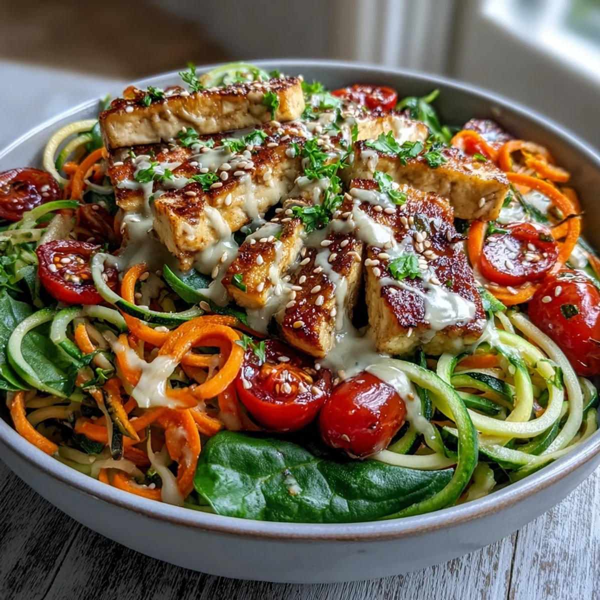 A vibrant Spiralized Vegetable Bowl with zucchini noodles, sweet potato, and grilled chicken, drizzled with creamy tahini sauce.