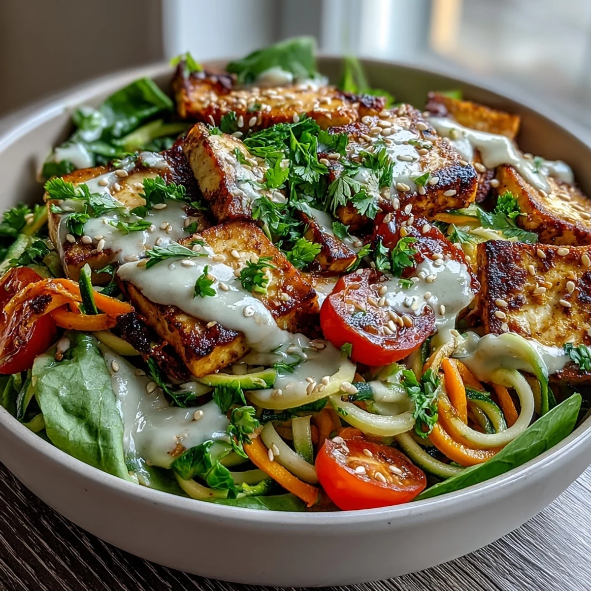 Colorful Spiralized Vegetable Bowl with crisp veggies, fresh herbs, and toasted sesame seeds, ready for a quick and healthy meal.