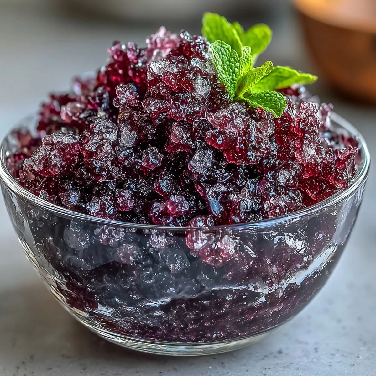 Glühend violette Black Currant Granita mit knusprigem Minzzweig auf gekühlter Schale.