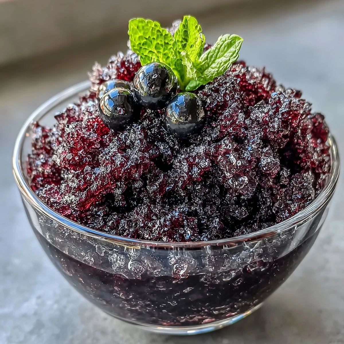 Frozen Black Currant Granita mit leuchtend rubinroter, flockiger Konsistenz und frischer Limette.
