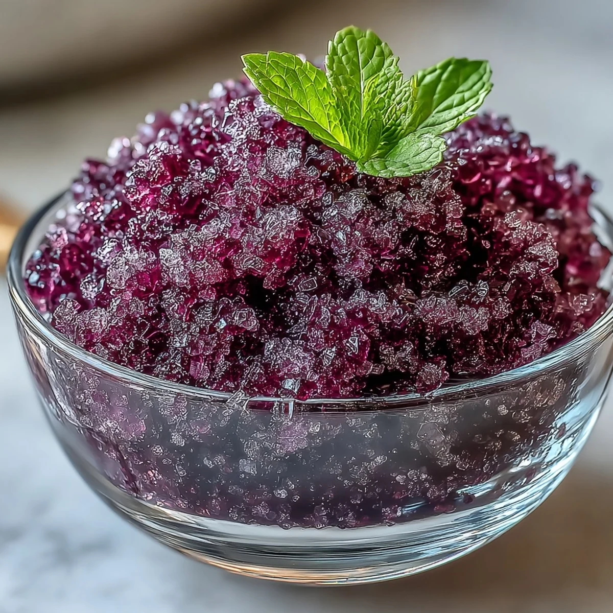 Geschmeidige Black Currant Granita in gläsernen Tassen, perfekt für sommerliche Dessert-Pausen.