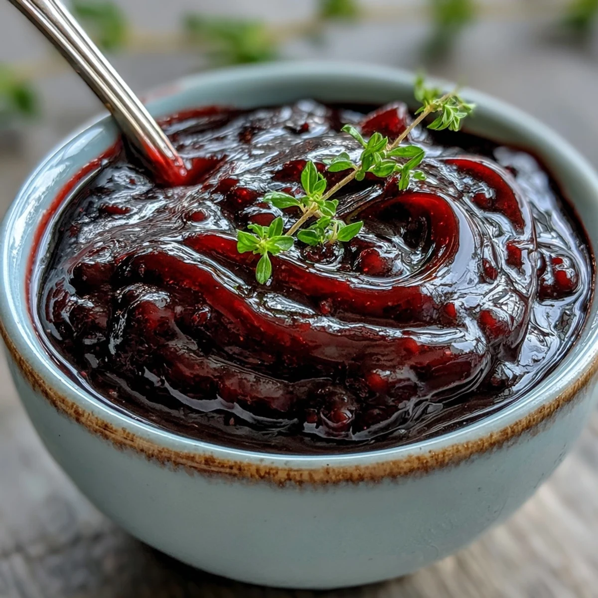 Deep purple black currant reduction simmered with thyme and red wine, glossy sauce pooling around grilled pork chops.