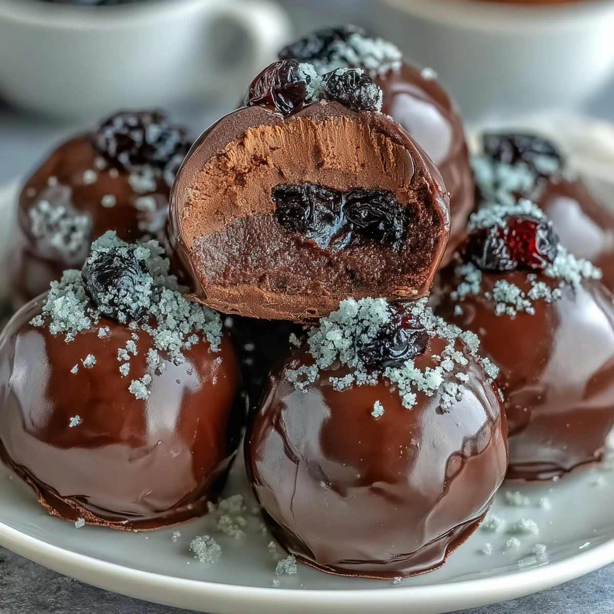 Elegante schwarze Johannisbeeren Schokoladentrüffel garniert mit zerbröselten gefrorenen Johannisbeeren und Kakaopulver auf einer rustikalen Holzplatte.