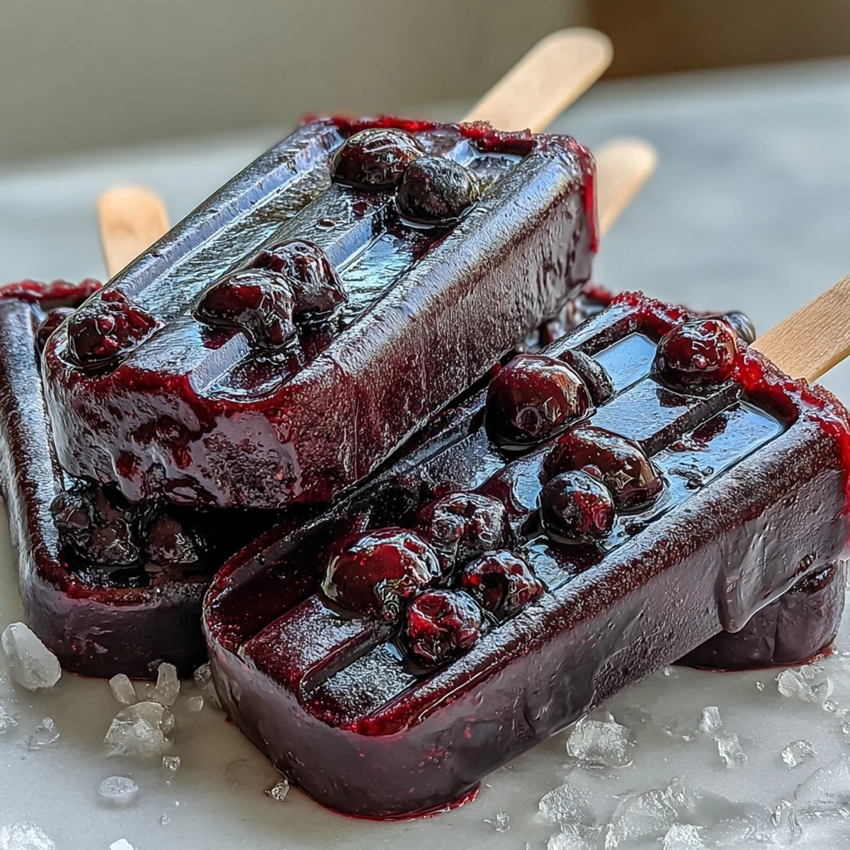 Sweet-tart black currant popsicles resting on ice, offering a cooling, fruity dessert with visible berries.
