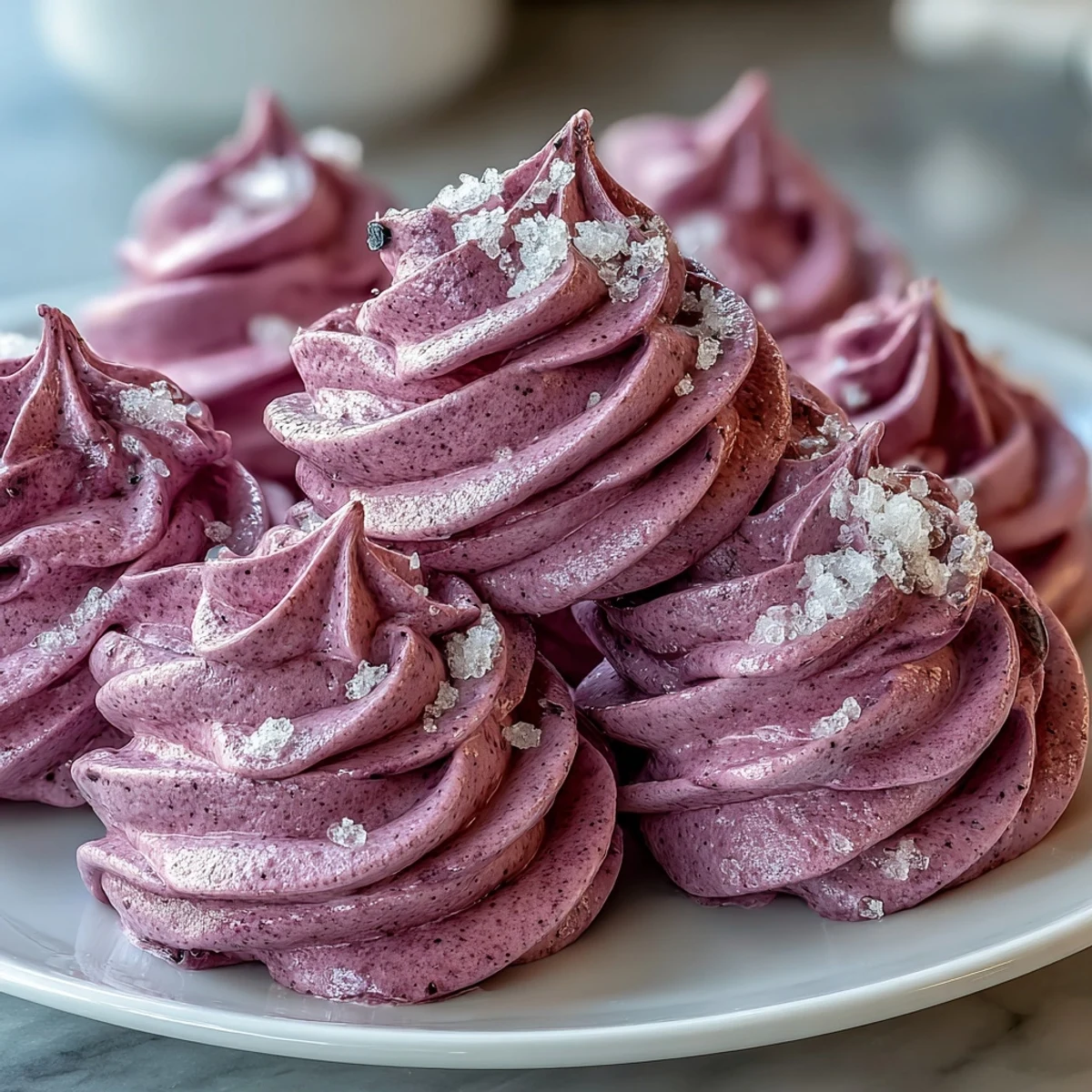 Knusprige Black Currant Meringues mit zartem fruchtigen Aroma, perfekt für eine teetasse mit frischen Beeren und Sahne.
