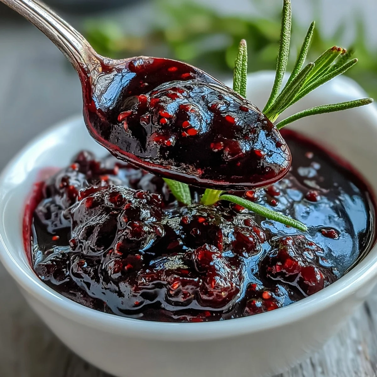 Schwarze Johannisbeeren und Rosmarin Reduktion, aromatisch eingekocht und auf Lammbraten getropft.