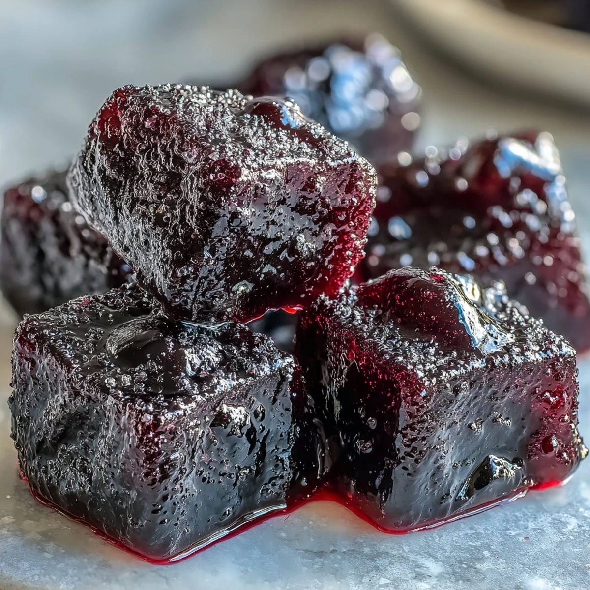 Glossy, deep purple Black Currant Gummies glistening on a wooden board next to fresh berries and lemon slices.  