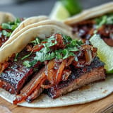 Zarte geräucherte Rinderbrust-Tacos, belegt mit eingelegten roten Zwiebeln und frischem Koriander.