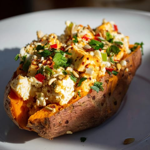 A warm, baked sweet potato stuffed with creamy cottage cheese and fragrant herbs is ready to serve.