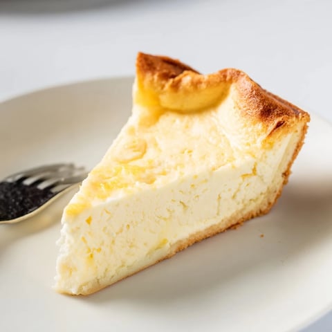 Creamy German cheesecake slice, showing its tender crust and luscious filling, ready to serve.