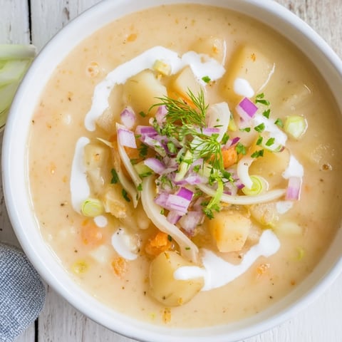 A creamy bowl of German Potato Soup, garnished with fresh chives, ready to eat.