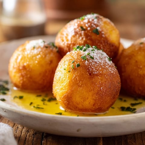 Fluffy potato dumplings, ready to serve, a comforting side dish with rich gravy.