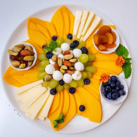 Daffodil Cheese Board arranged to look like a blooming flower, bursting with colorful cheeses and fruit on a platter.