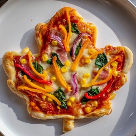Golden, bubbly Fall Foliage Maple Leaf Mini Pizzas topped with vibrant peppers and cheese, ready to eat.