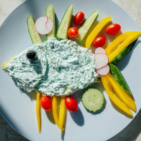 Ocean Blue Fish-Shaped Dip Tray, a whimsical, colorful appetizer with creamy dips and fresh veggies.