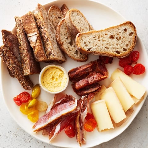 Alpine snack board Plancha Montagne Aventure collation, featuring cheeses, meats and fruit, ready to eat.