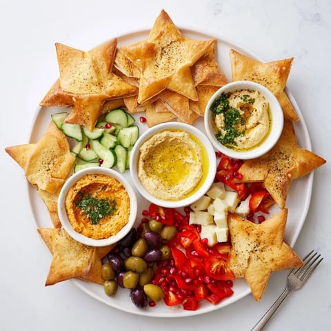Vibrant Three Kings Star Pita Board, perfect for sharing, featuring colorful dips and Mediterranean flavors.