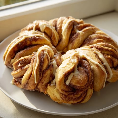 A beautifully swirled Giant Snowflake Sweet Roll Centerpiece, golden-baked and ready to be drizzled with icing.