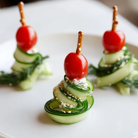 Festive Spiral Cucumber Ribbon Christmas Trees appetizer, decorated with cherry tomatoes, ready to serve.
