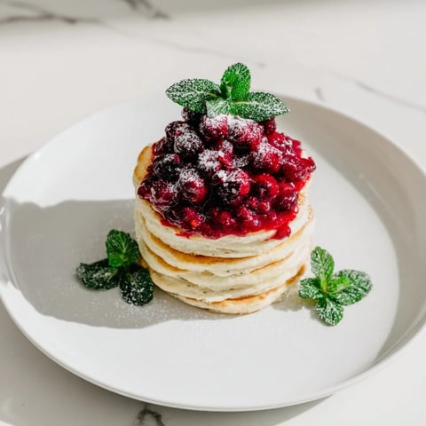 Fluffy brunch board: pancake stack with colorful berry holly topping, ready to be enjoyed.