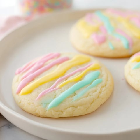 Buttery sugar cookies with colorful icing drizzle, a sweet American dessert.