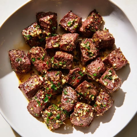 Garlic Butter Steak Bites sizzling in a hot skillet, glistening with melted garlic butter sauce.