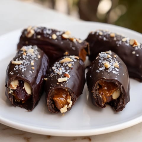 Rich, dark chocolate-covered Chocolate Date Snickers, with a creamy peanut butter filling and chopped peanuts.
